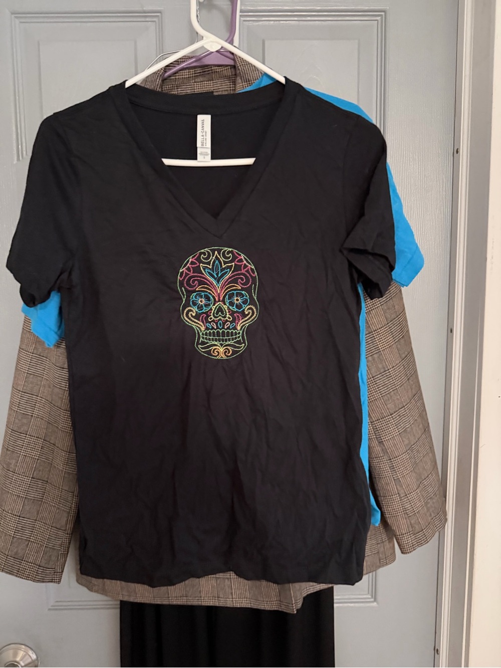 Bella Canvas Black V-Neck Tee with Multicolor Sugar Skull